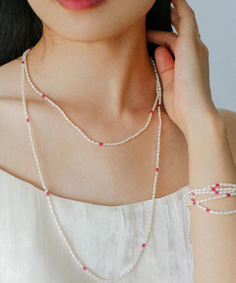 Mini Pearl and Ruby Long Beaded Necklace - floysun