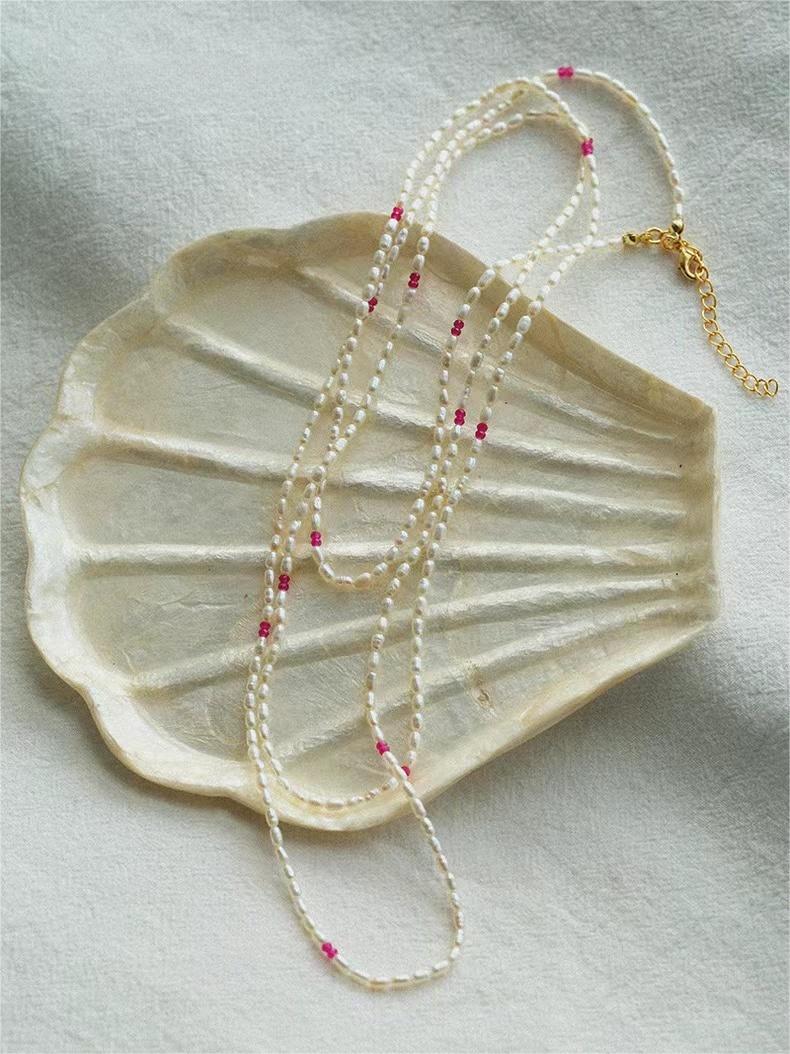 Mini Pearl and Ruby Long Beaded Necklace - floysun