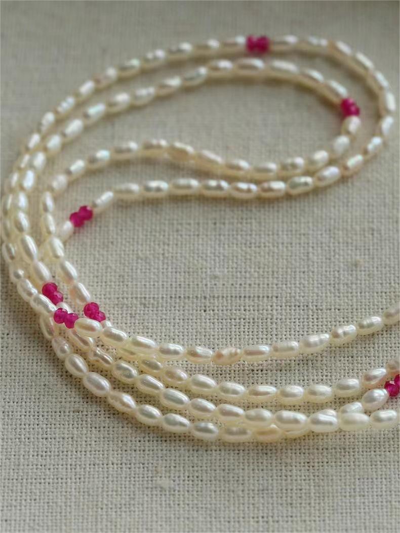 Mini Pearl and Ruby Long Beaded Necklace - floysun