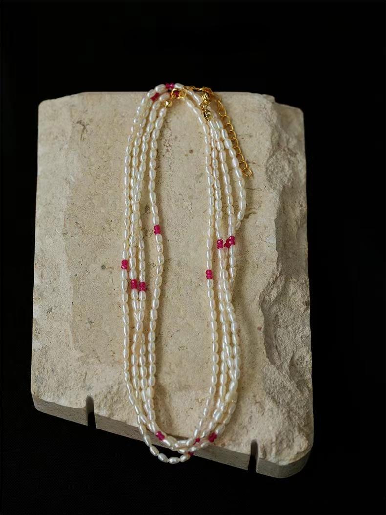 Mini Pearl and Ruby Long Beaded Necklace - floysun