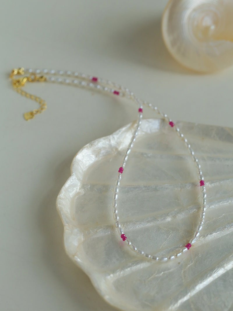 Mini Pearl and Ruby Short Necklace - floysun