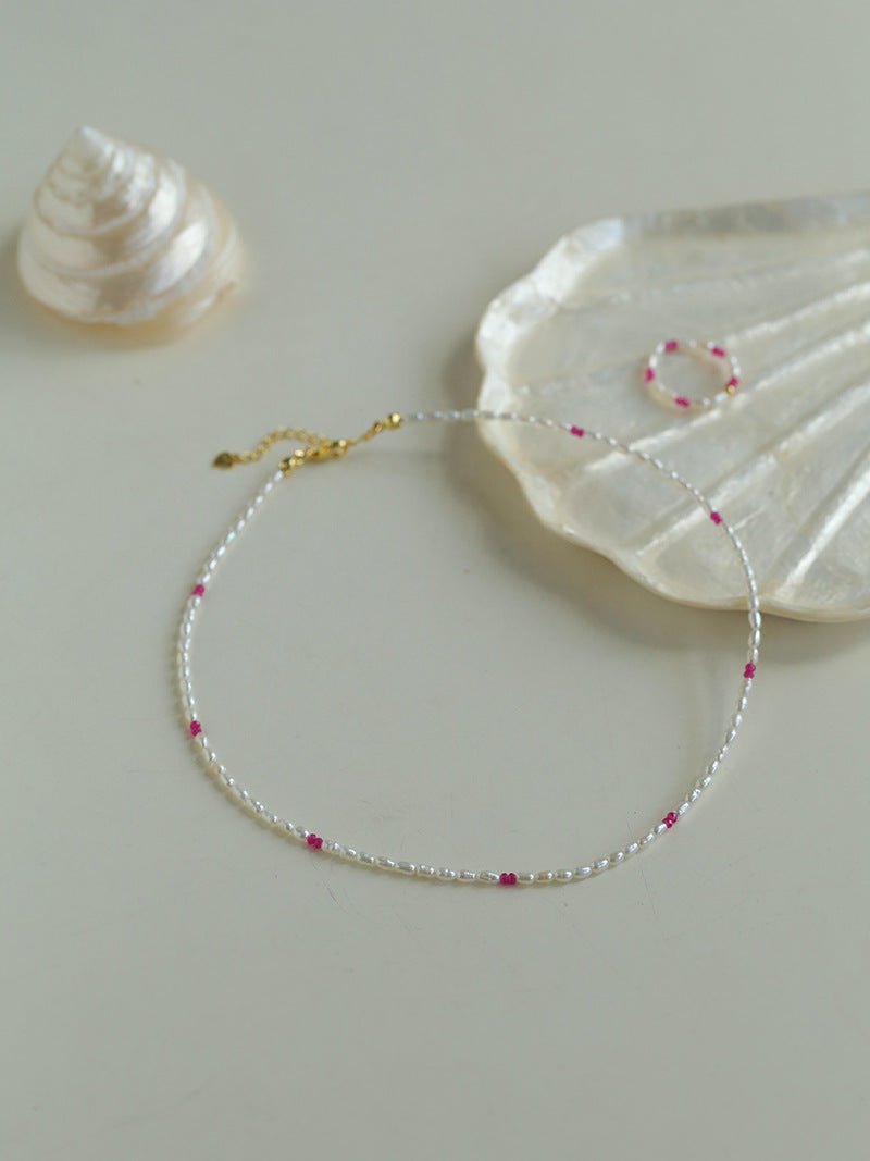 Mini Pearl and Ruby Short Necklace - floysun