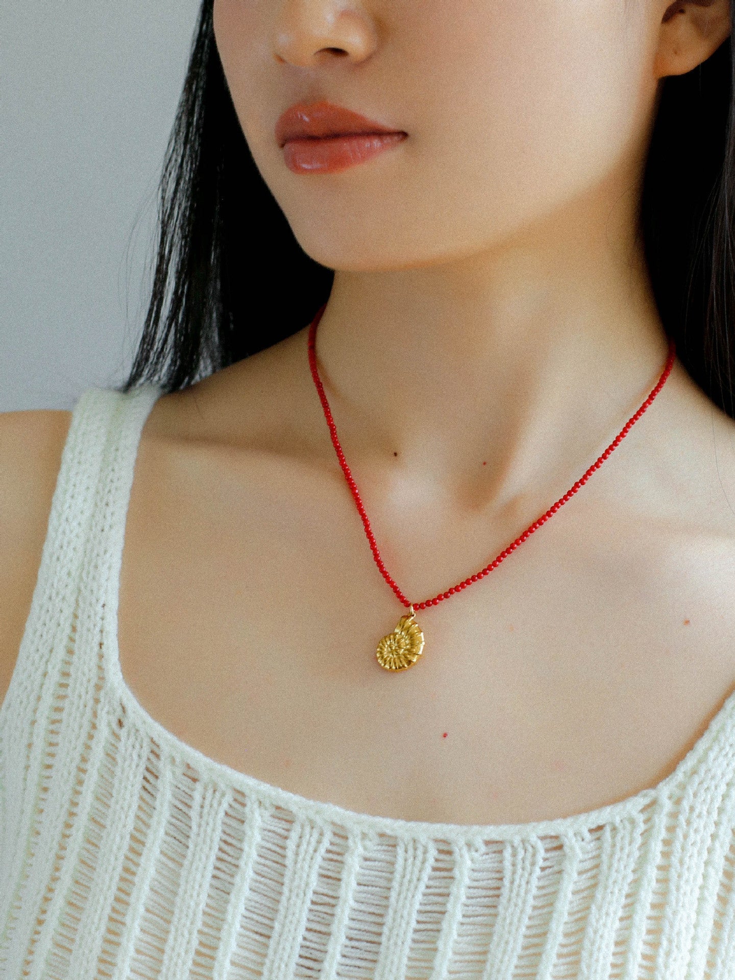 Mini Red Coral Beaded Necklace with Conch Pendant - floysun