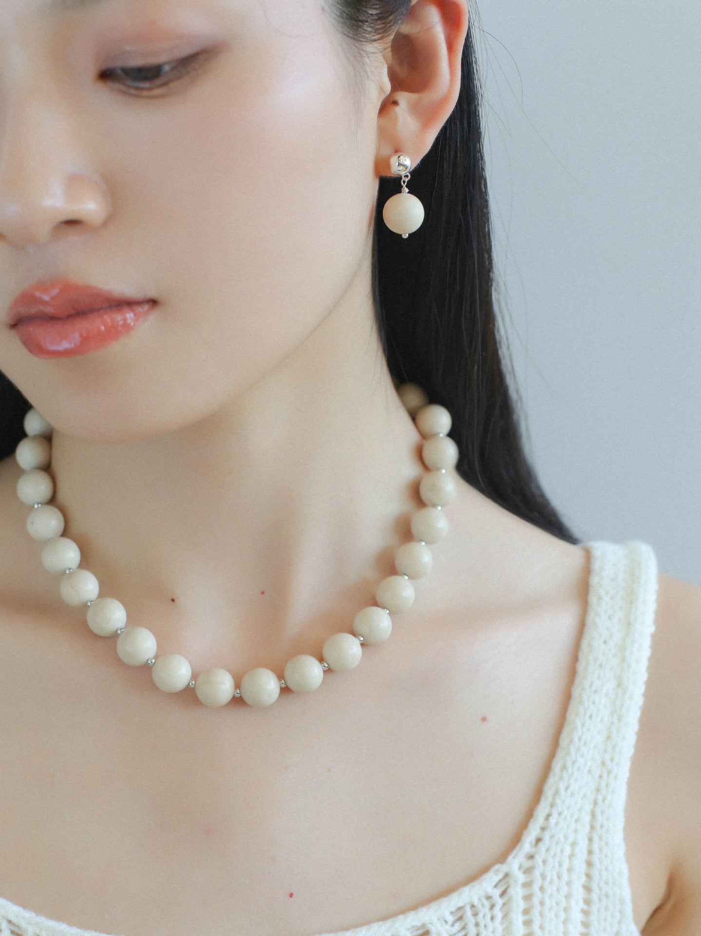 Mini Silver Bead White Fossil Beaded Necklace - floysun