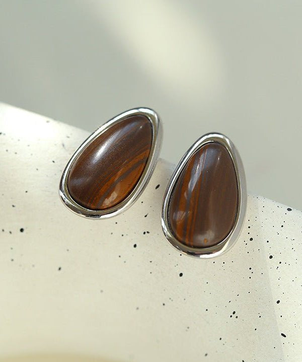 Minimalist 925 Silver Wood Grain Stone Earrings - floysun