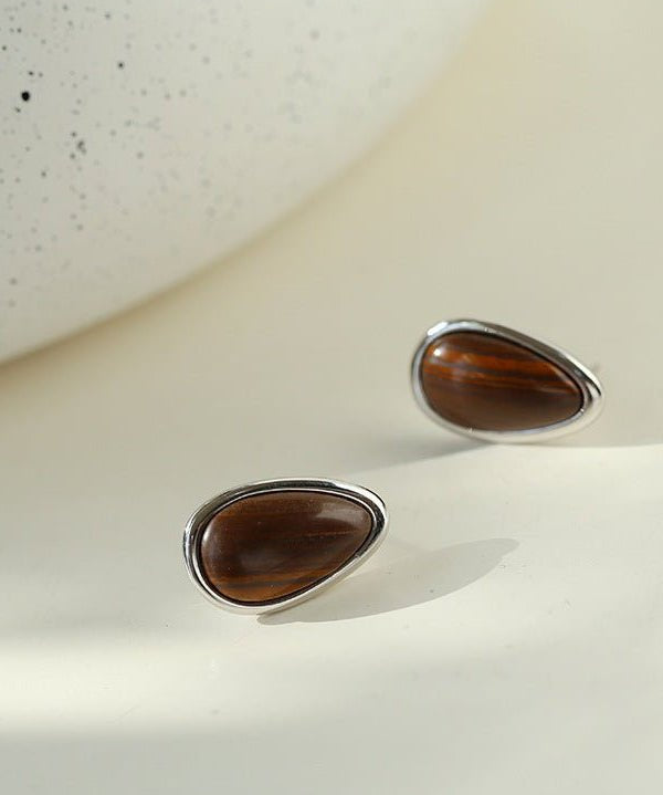 Minimalist 925 Silver Wood Grain Stone Earrings - floysun