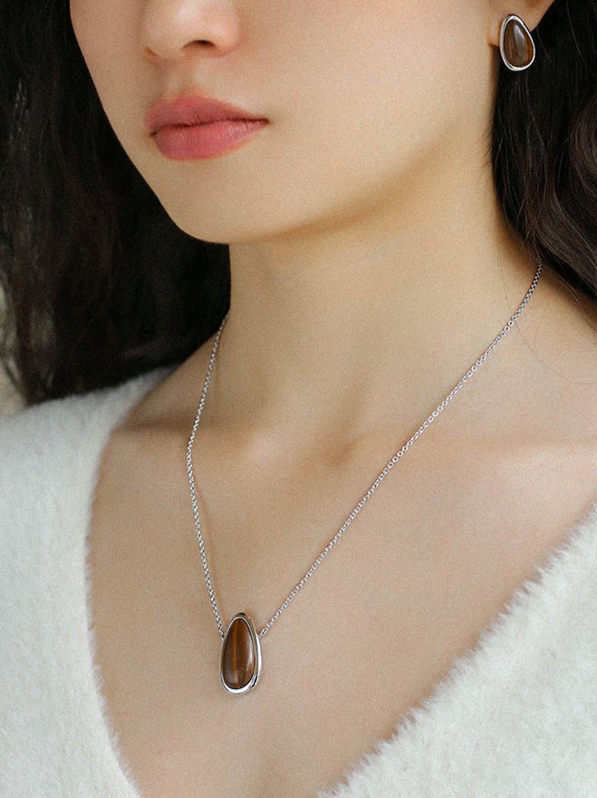 Minimalist 925 Silver Wood Grain Stone White Mother of Pearls Necklace - floysun