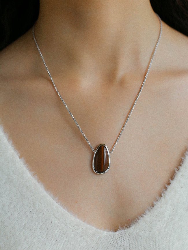 Minimalist 925 Silver Wood Grain Stone White Mother of Pearls Necklace - floysun