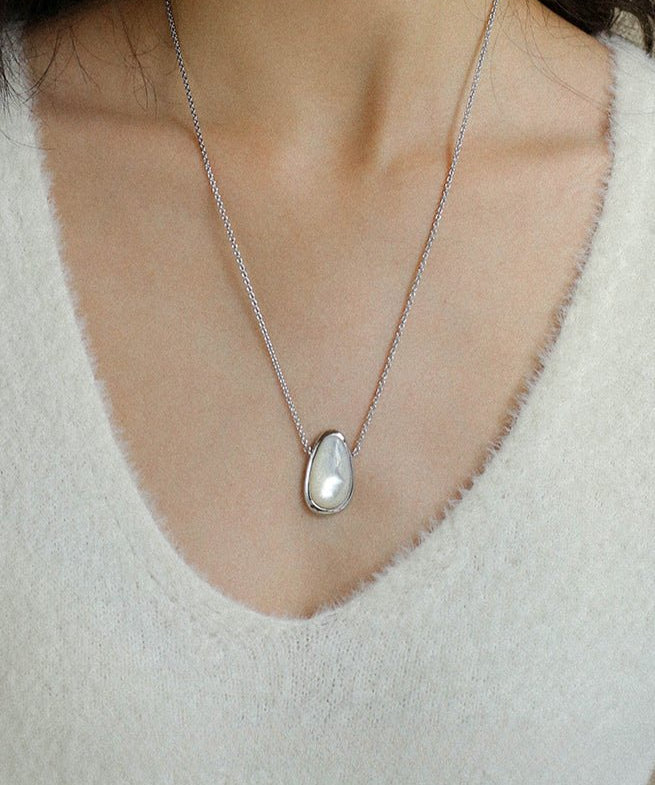 Minimalist 925 Silver Wood Grain Stone White Mother of Pearls Necklace - floysun