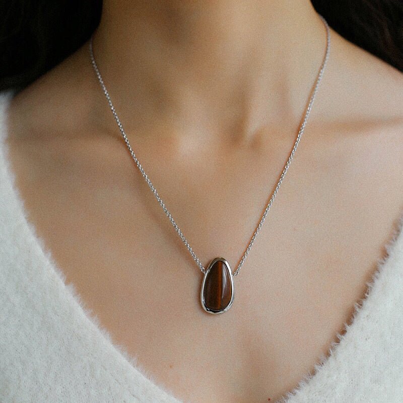 Minimalist 925 Silver Wood Grain Stone White Mother of Pearls Necklace - floysun