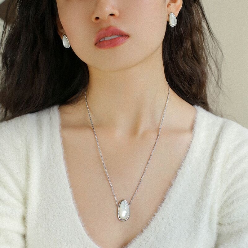 Minimalist 925 Silver Wood Grain Stone White Mother of Pearls Necklace - floysun