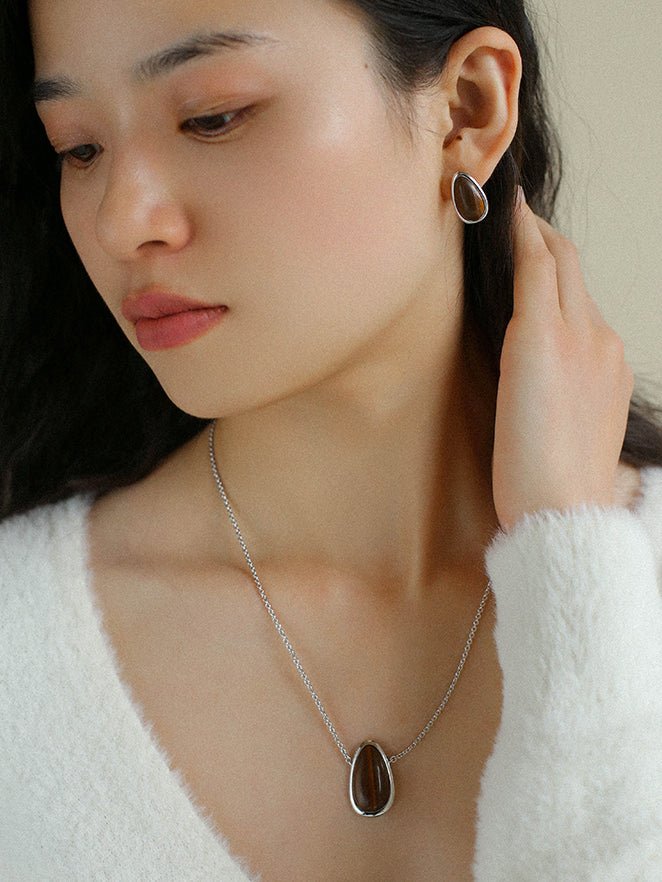 Minimalist 925 Silver Wood Grain Stone White Mother of Pearls Necklace - floysun