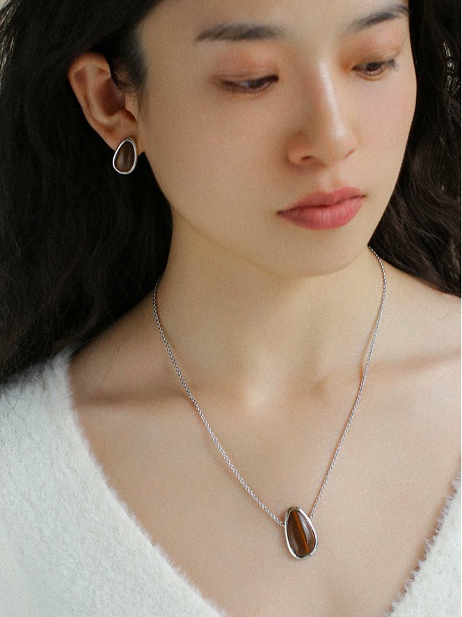 Minimalist 925 Silver Wood Grain Stone White Mother of Pearls Necklace - floysun