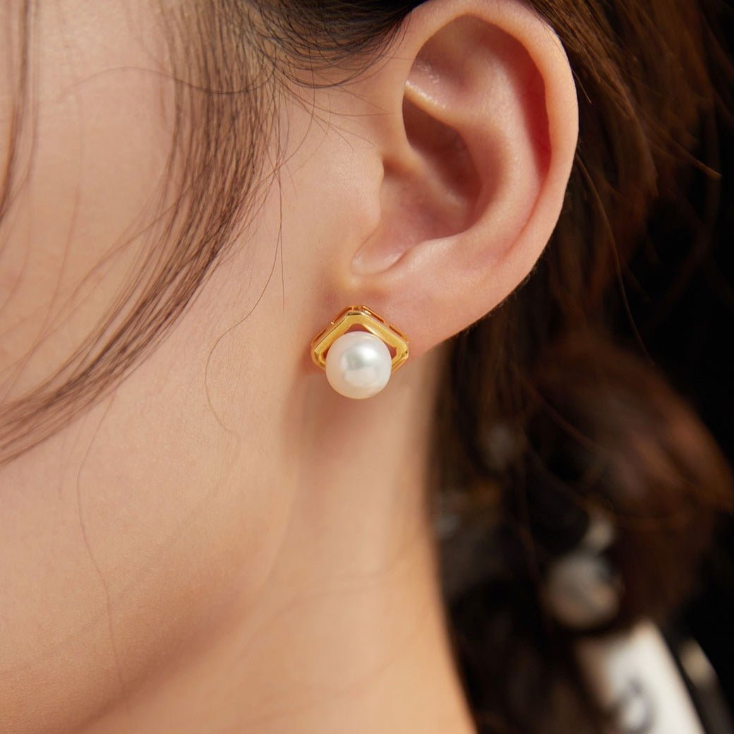 Minimalist Geometric Pearl Stud Earrings - floysun