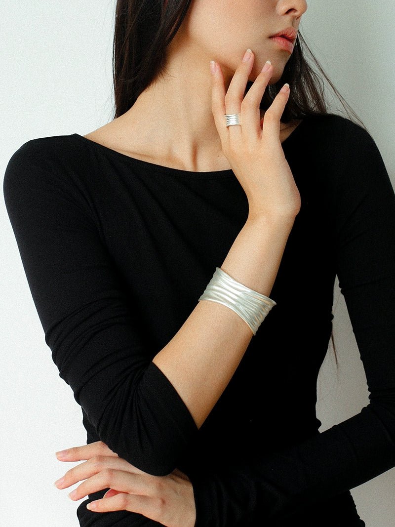 Minimalist Handmade Texture Matte Silver Open Bracelet - floysun