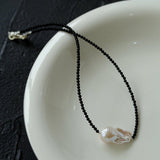 Minimalist Modern Baroque Pearl Black Onyx Beaded Necklace - floysun