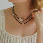 Minimalist Modern Baroque Pearl Black Onyx Beaded Necklace - floysun