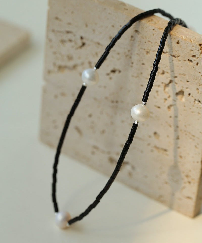 Minimalist Modern Pearl and Black Onyx Beaded Necklace - floysun