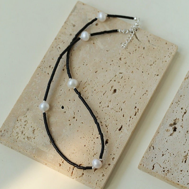 Minimalist Modern Pearl and Black Onyx Beaded Necklace - floysun