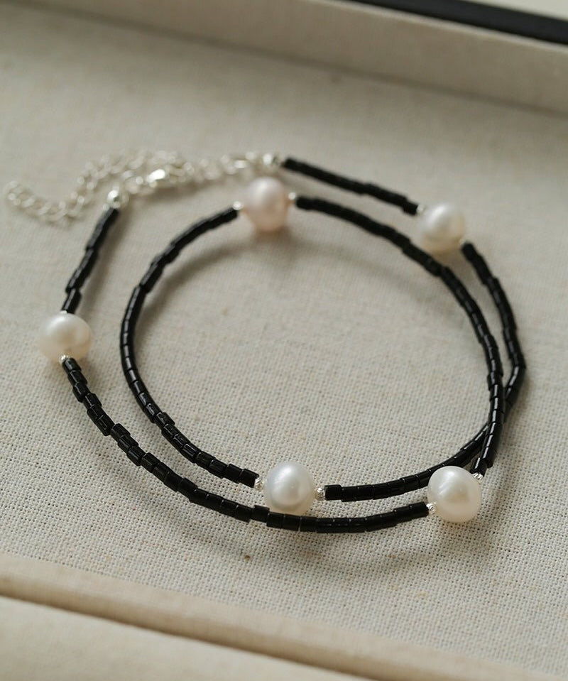 Minimalist Modern Pearl and Black Onyx Beaded Necklace - floysun