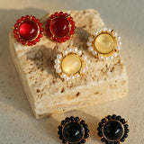 Minimalist Natural White Crystal Pearl Stud Earrings Black & Red Agate Variants - floysun