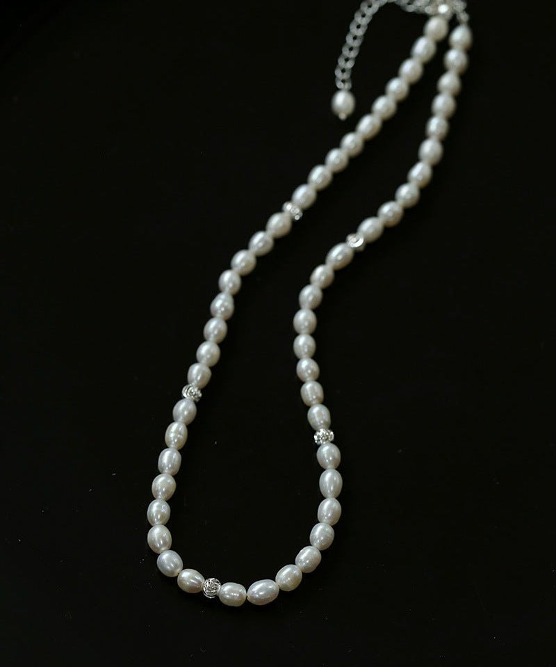 Minimalist Rice Freshwater Pearl Silver Bean Necklace - Rice Pearl - floysun