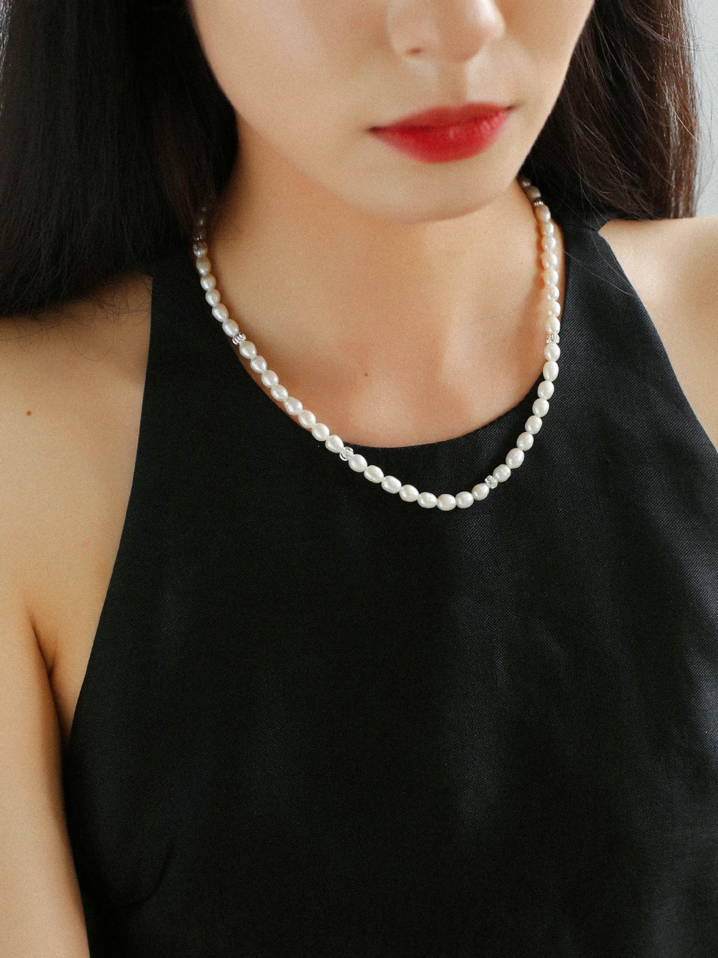 Minimalist Rice Freshwater Pearl Silver Bean Necklace - Rice Pearl - floysun