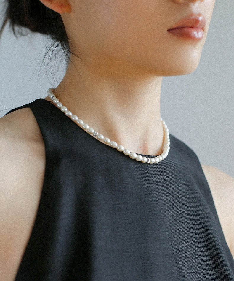 Minimalist Rice Freshwater Pearl Silver Bean Necklace - Rice Pearl - floysun