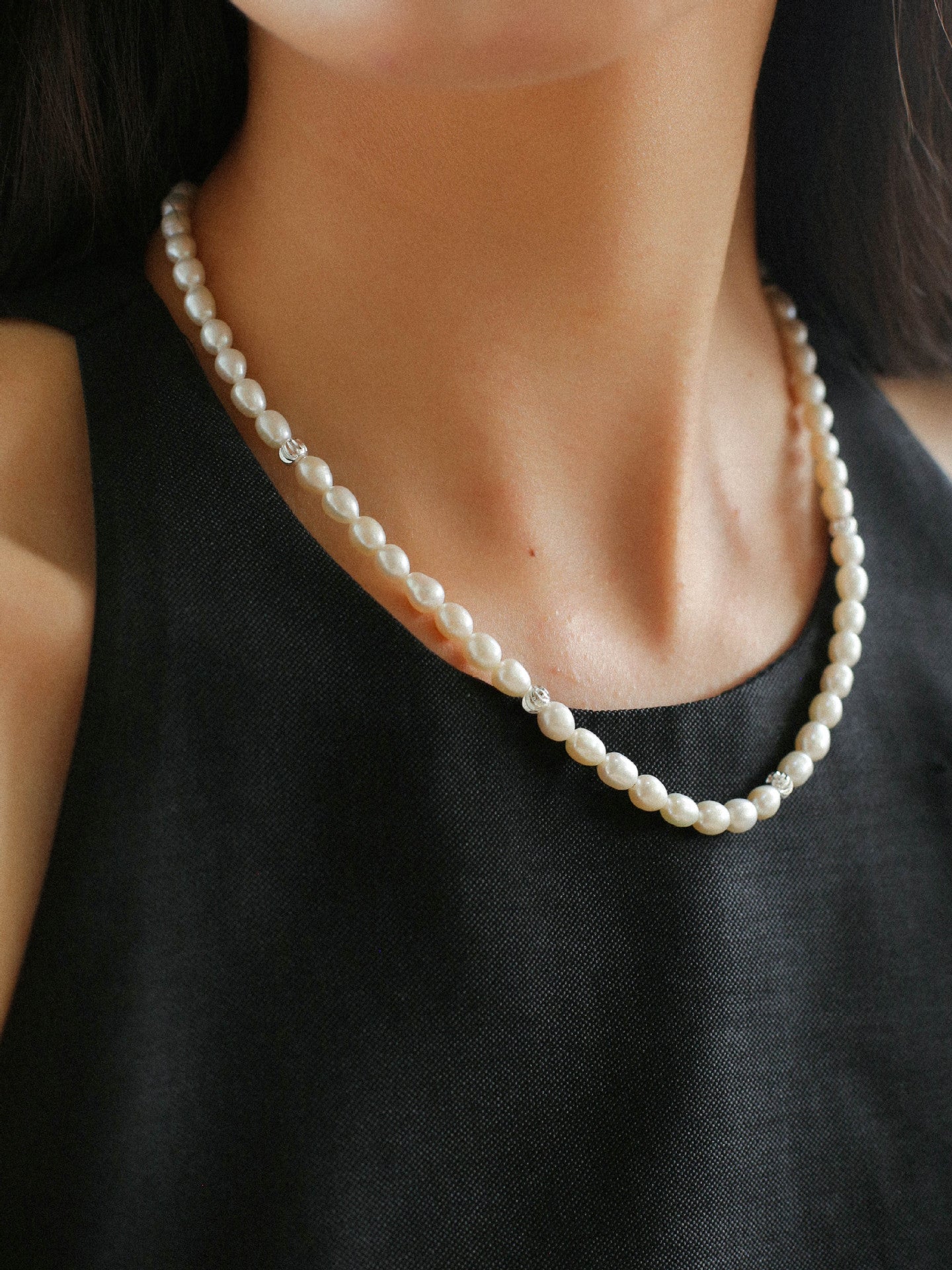 Minimalist Rice Freshwater Pearl Silver Bean Necklace - Rice Pearl - floysun