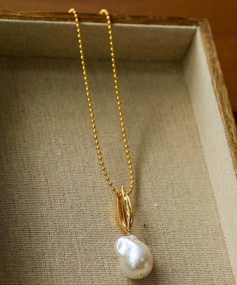 Minimalist Willow Leaf Baroque Pearl Pendant Necklace - floysun