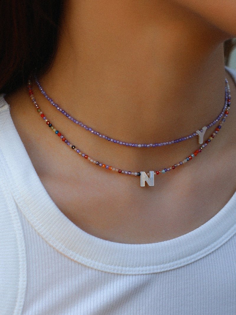 Mother - of - Pearl Alphabet Colorful Zircon Beaded Necklace - floysun