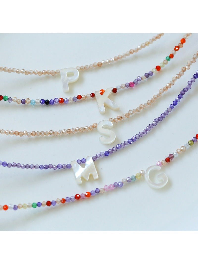 Mother - of - Pearl Alphabet Colorful Zircon Beaded Necklace - floysun