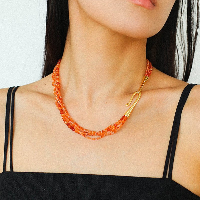 Multi - Layer Mixed Orange - Red Agate Beaded Necklace - floysun