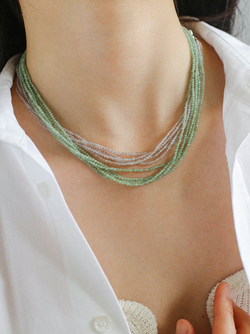 Multi - Layered Mini Aventurine Beaded Necklace - floysun