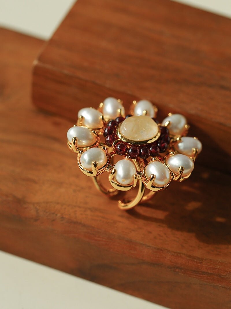 Natural Baroque Pearl Red Garnet Inlaid Open Ring - floysun