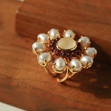 Natural Baroque Pearl Red Garnet Inlaid Open Ring - floysun