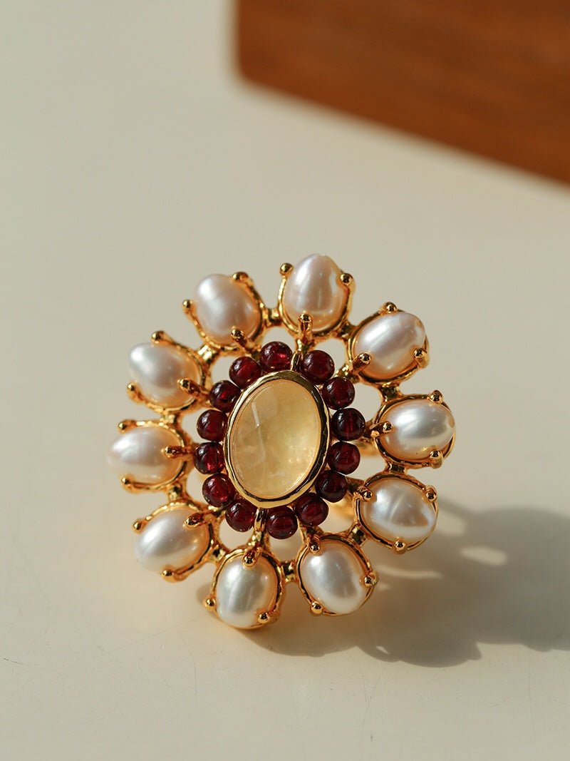 Natural Baroque Pearl Red Garnet Inlaid Open Ring - floysun