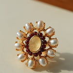 Natural Baroque Pearl Red Garnet Inlaid Open Ring - floysun