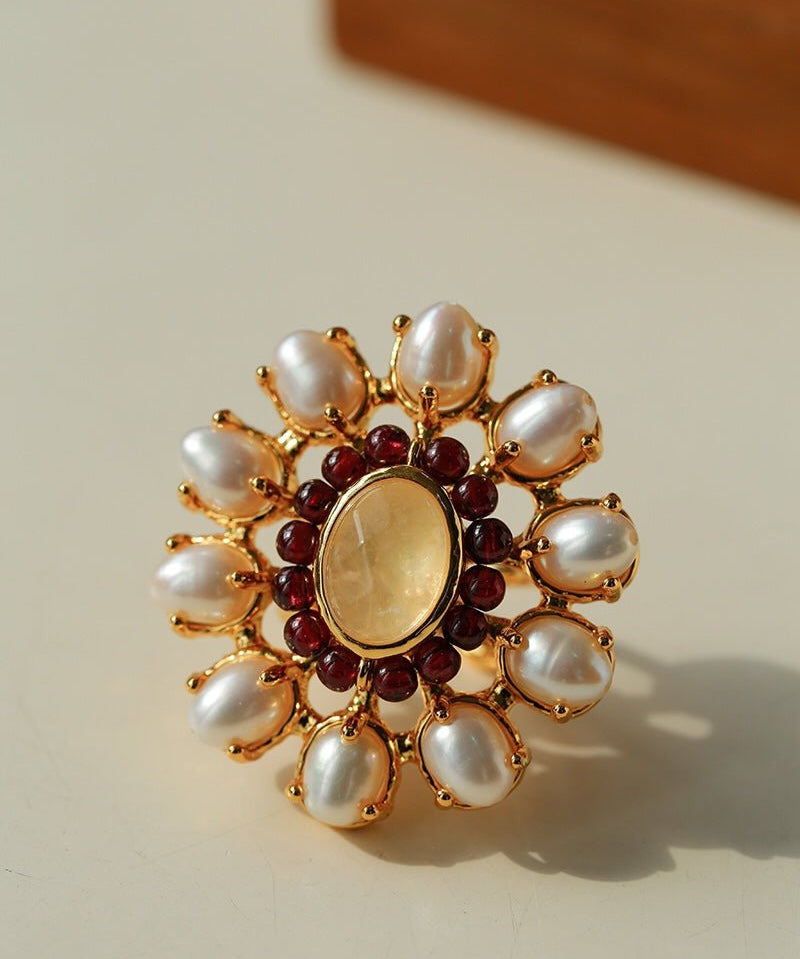 Natural Baroque Pearl Red Garnet Inlaid Open Ring - floysun