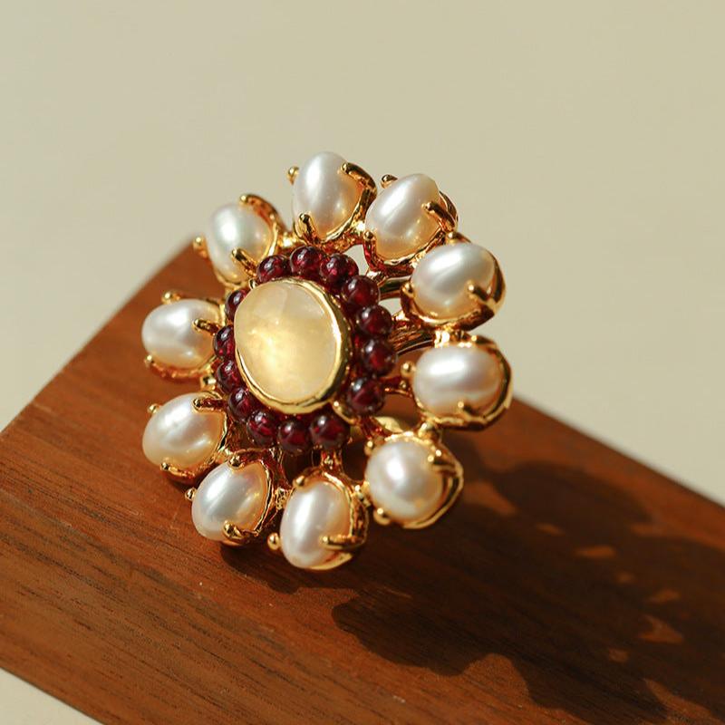 Natural Baroque Pearl Red Garnet Inlaid Open Ring - floysun