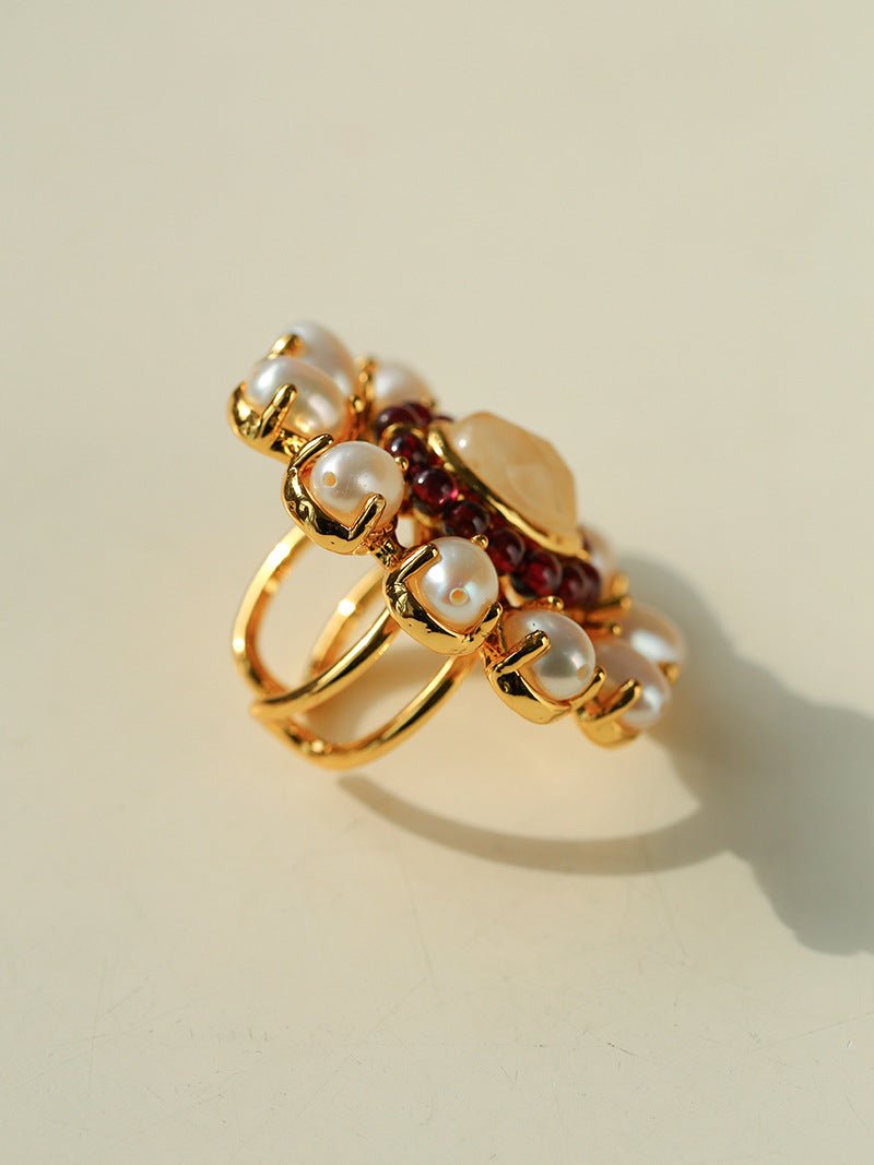 Natural Baroque Pearl Red Garnet Inlaid Open Ring - floysun