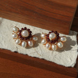 Natural Baroque Pearl Red Garnet Retro Earrings - floysun