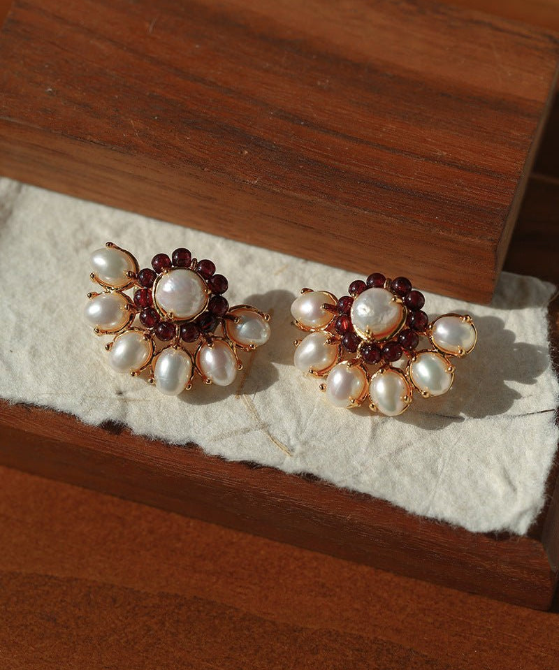 Natural Baroque Pearl Red Garnet Retro Earrings - floysun