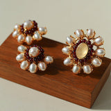 Natural Baroque Pearl Red Garnet Retro Earrings - floysun