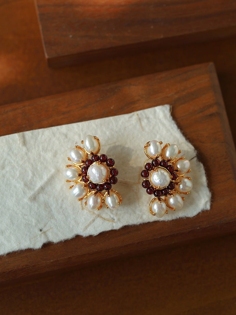 Natural Baroque Pearl Red Garnet Retro Earrings - floysun