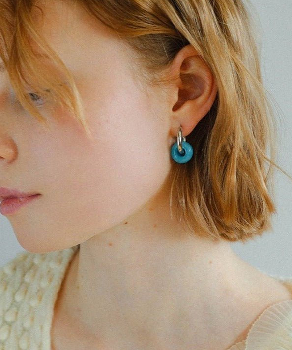 Natural Jade Stone Aqua and Rose Donut Hoops Earrings - floysun