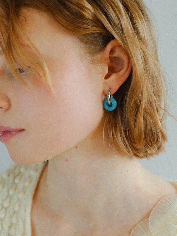 Natural Jade Stone Aqua and Rose Donut Hoops Earrings - floysun