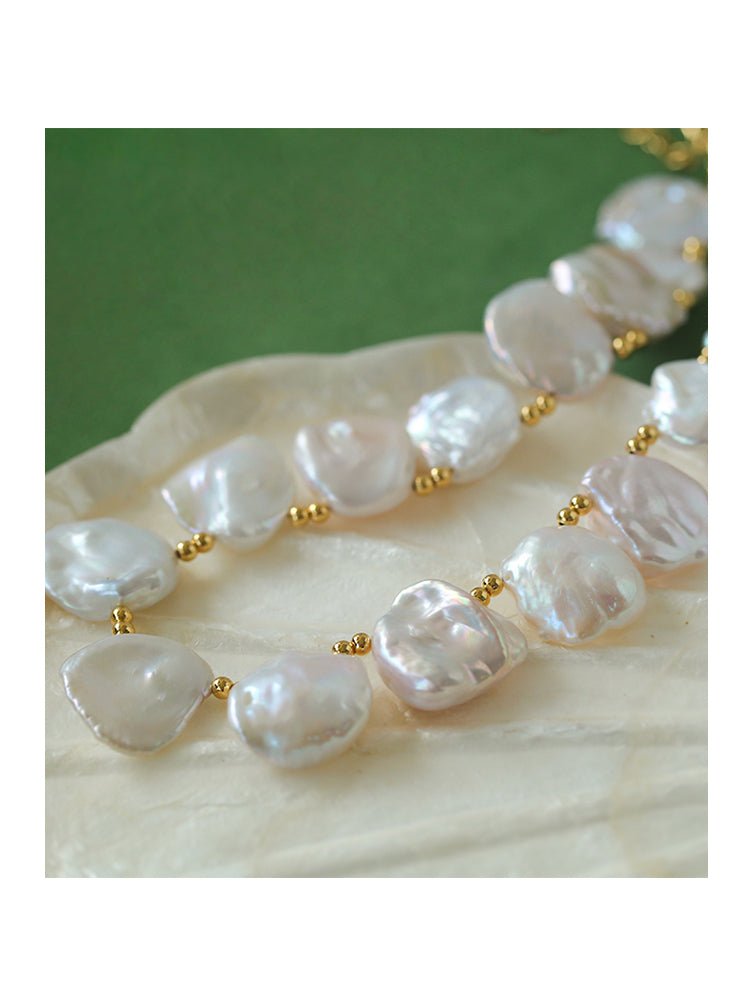 Natural Large Petal Baroque Pearl Necklace with Gold Bean - floysun