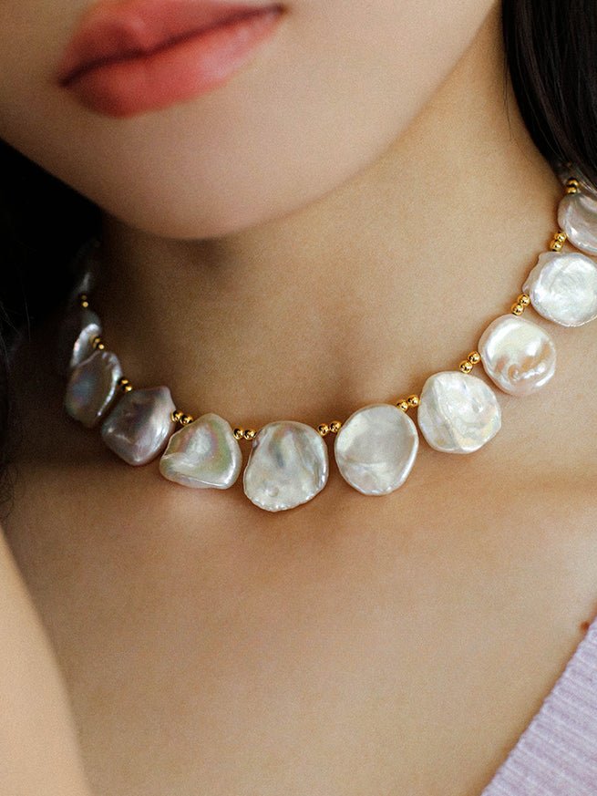 Natural Large Petal Baroque Pearl Necklace with Gold Bean - floysun