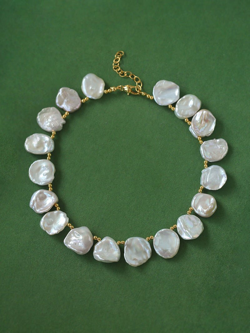 Natural Large Petal Baroque Pearl Necklace with Gold Bean - floysun